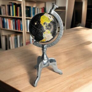Vintage Black World Desk Globe with 3 Leg Silver Stand‎ 13”Tall